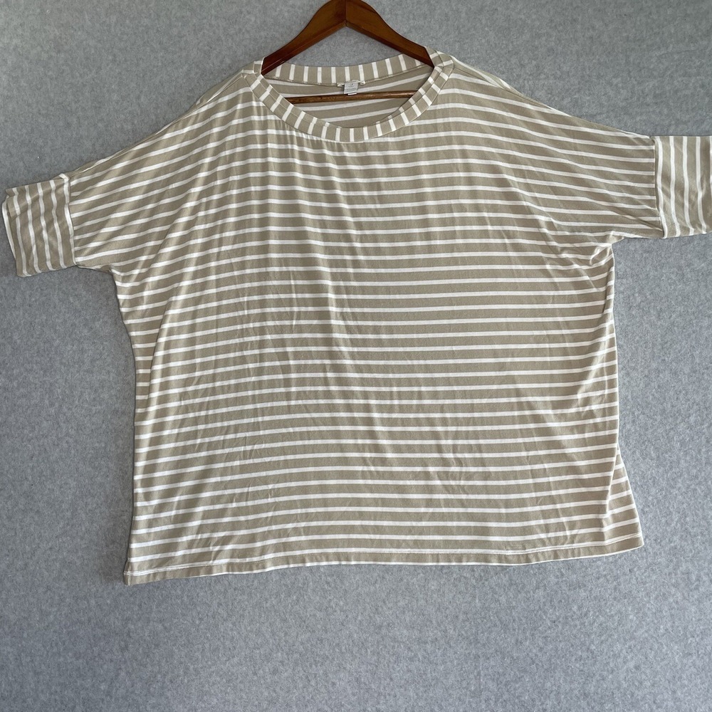 Chicos Top Womens 3 XL Striped Shirt Short Sleeve Beige Knit Casual Soft